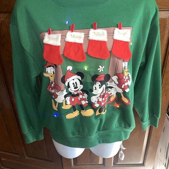 Disney Lg 12-14 Mickey, Minnie, Donald, & Daisy Green Holiday Sweatshirt Lights - Picture 8 of 10